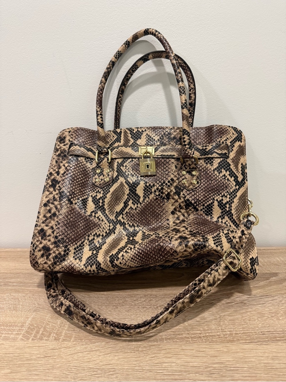 Rosetti Python Snakeskin Print Satchel Handbag Tote Purse Gold Lock Faux Leather